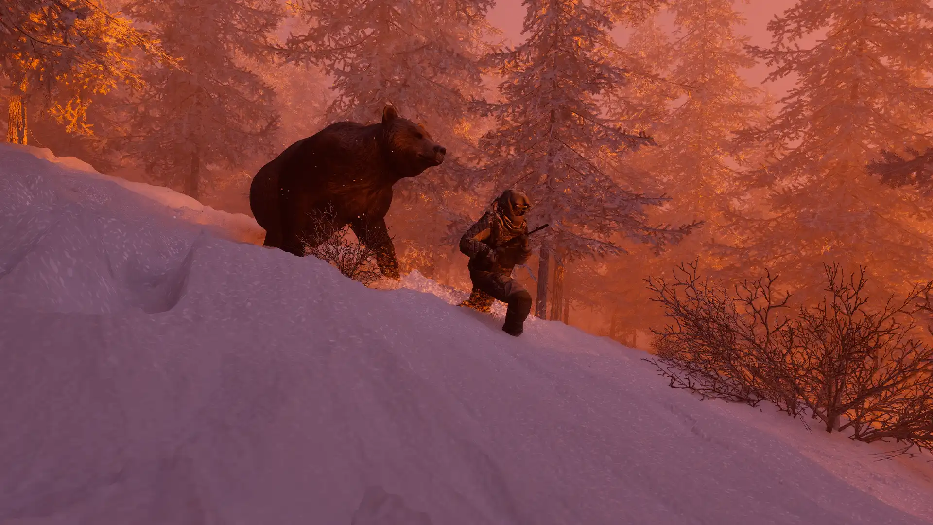 A Permafrost survivor running through deep snow with a large bear close behind.