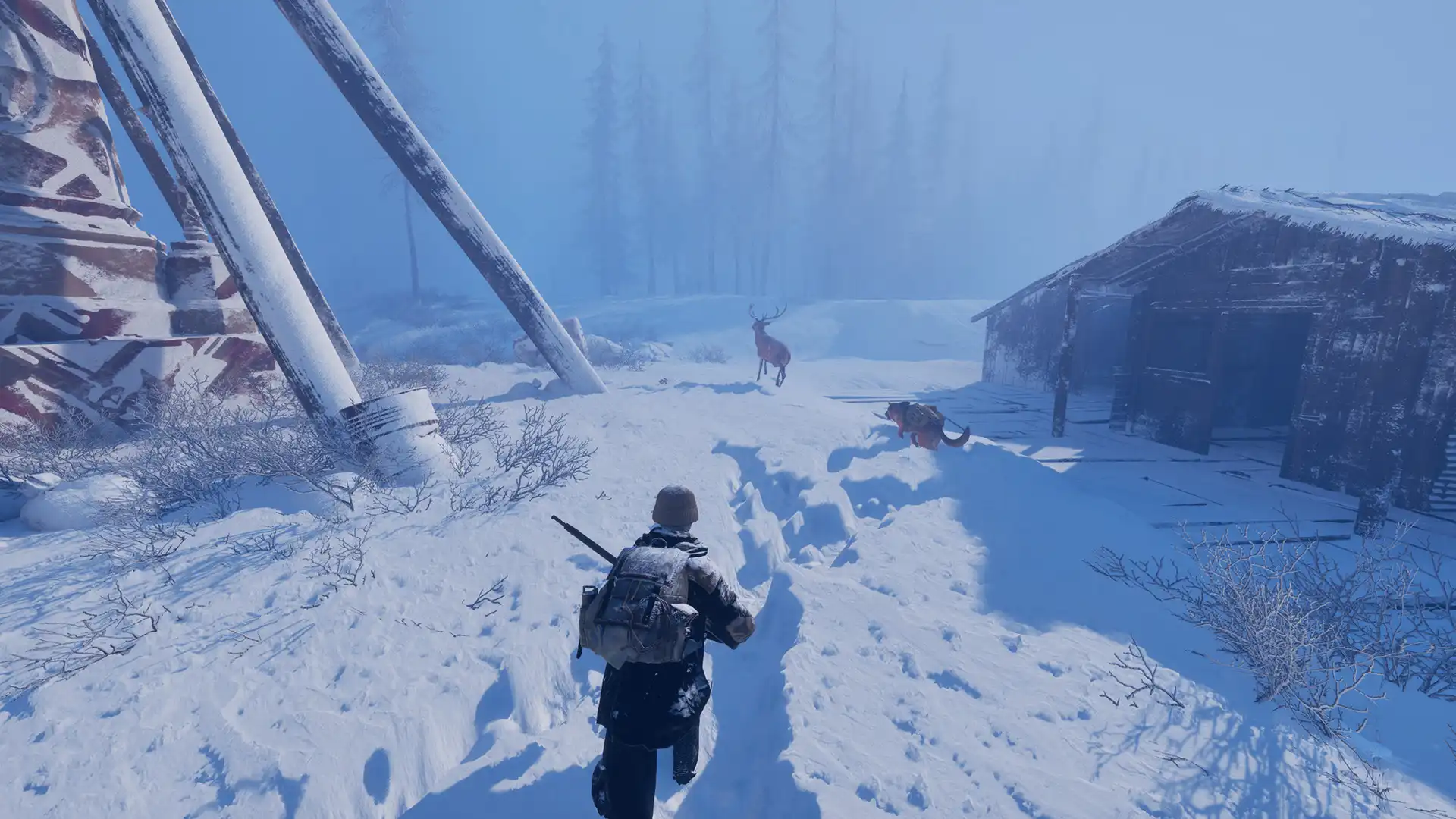 A Permafrost survivor and dog approaching a deer beside a snow-covered cabin.