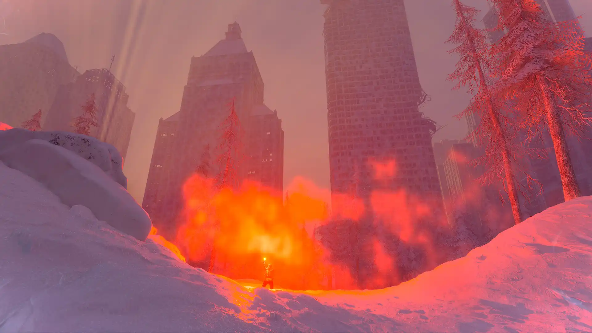 A survivor holding a bright red flare in a snow-covered ruined city in Permafrost.