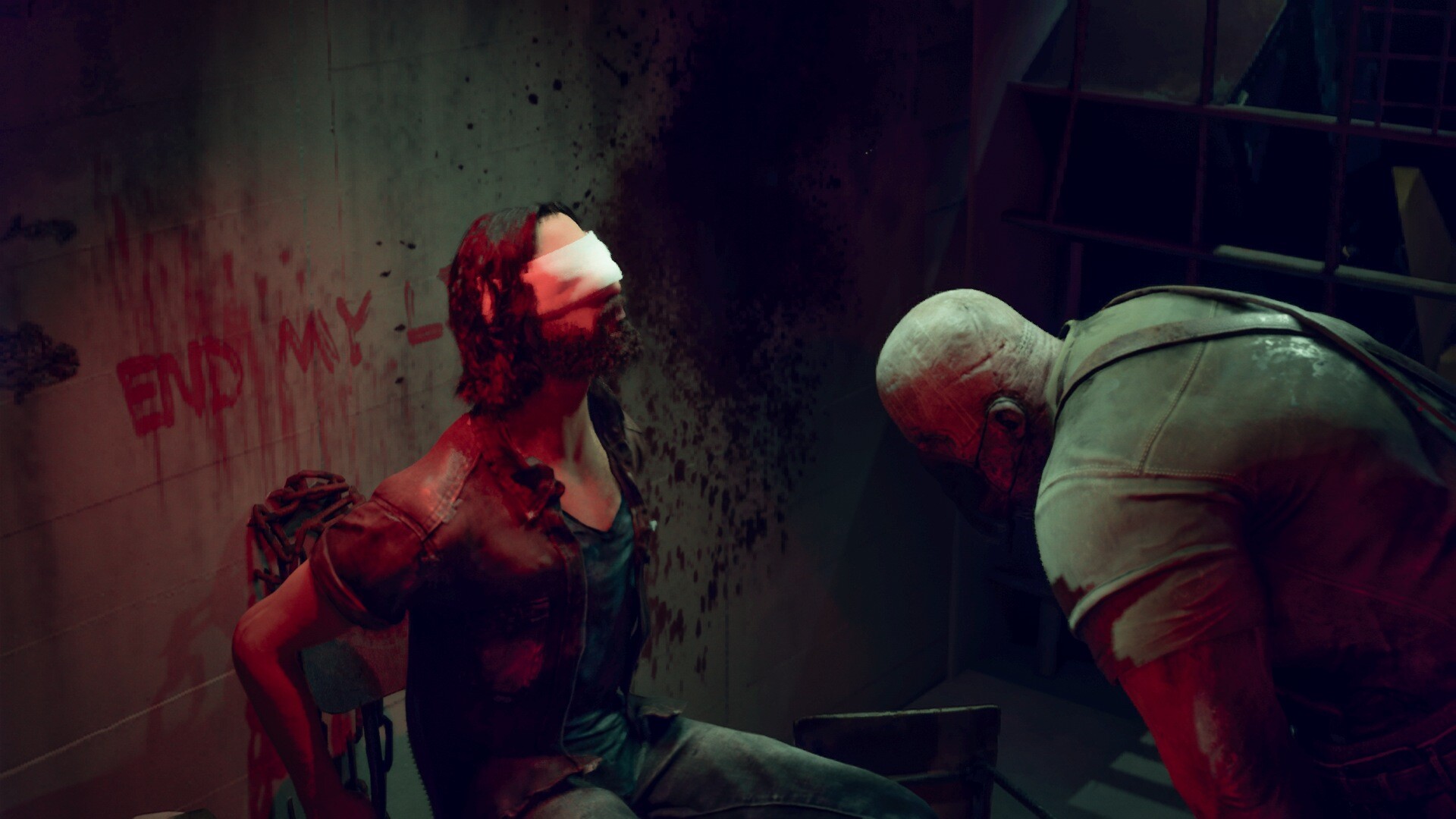 A blindfolded, restrained person sits against a blood-stained wall as another character leans toward them in Pestilence.