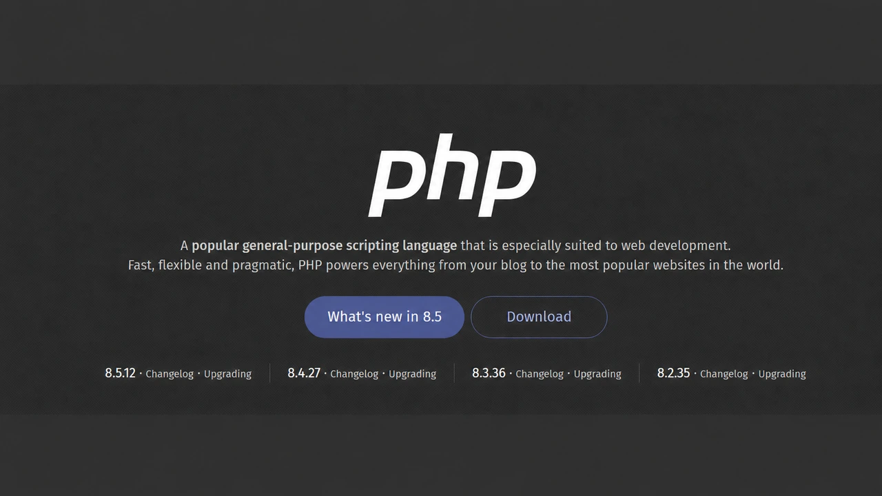 PHP homepage showing download links for PHP 8.5.12, 8.4.27, 8.3.36, and 8.2.35.