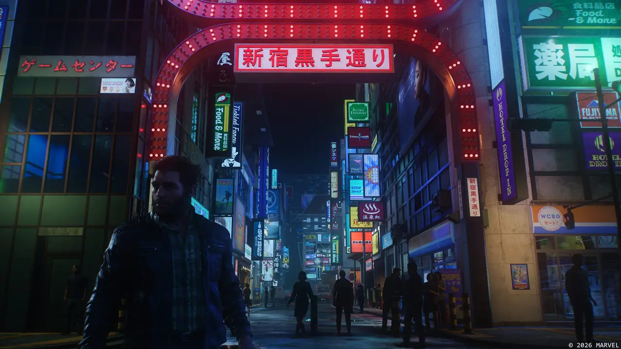 Logan standing beneath neon signs in Shinjuku in Marvel’s Wolverine on PS5
