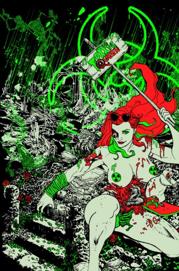 Red-haired character holding a Toxic Queen sign amid green and black illustrated wreckage.