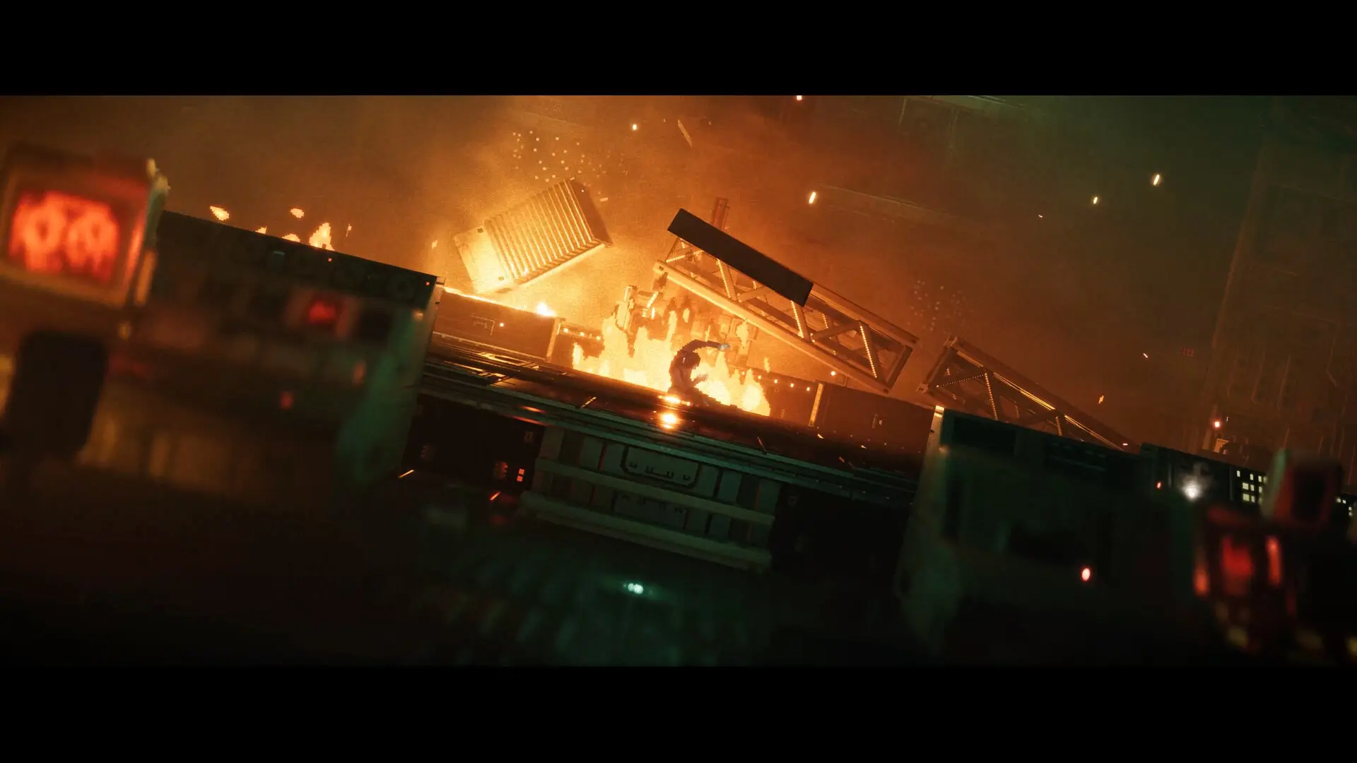 A silhouetted character on an industrial platform amid flames and falling debris in REPLACED
