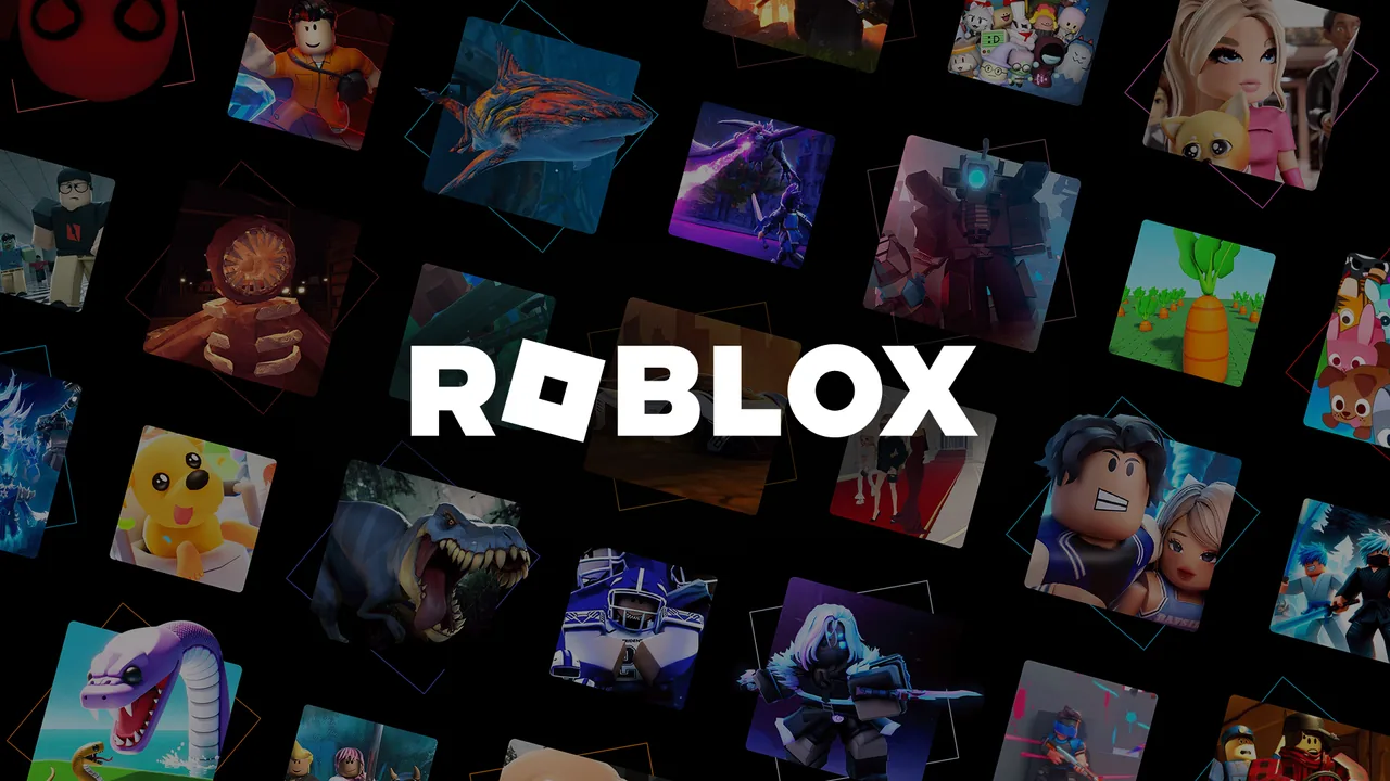 White Roblox logo surrounded by tilted images of game characters and environments on a black background.