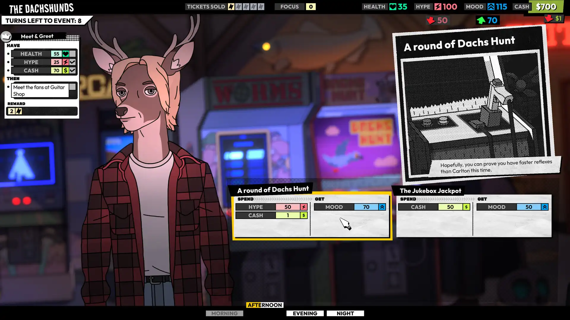 ROCKBEASTS meet-and-greet event with an antlered character and choices affecting health, hype, mood, and cash.
