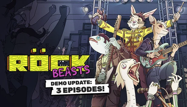 ROCKBEASTS artwork showing an animal rock band and the words Demo Update: 3 Episodes.