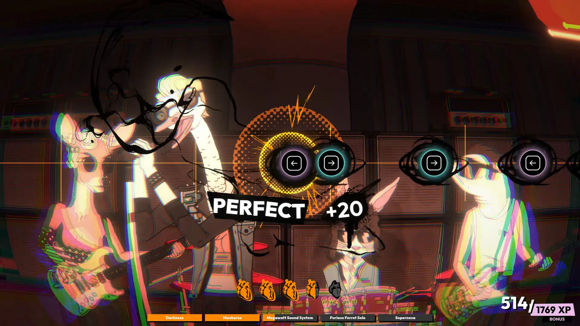 ROCKBEASTS rhythm-game concert showing the animal band performing with left and right arrow prompts and a Perfect +20 score.