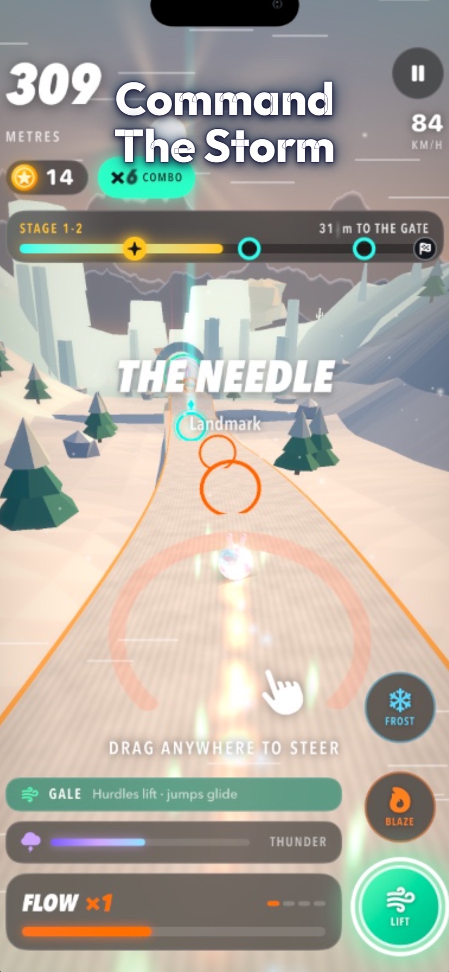 RushOrb: Storm Atlas gameplay screenshot showing an orb approaching an icy course with Frost, Blaze and Gale controls visible
