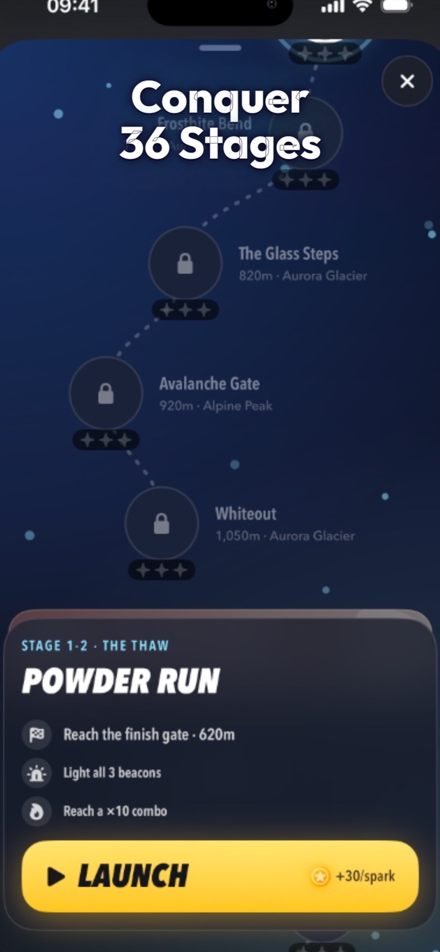 RushOrb: Storm Atlas stage map showing Powder Run and a 36-stage progression system