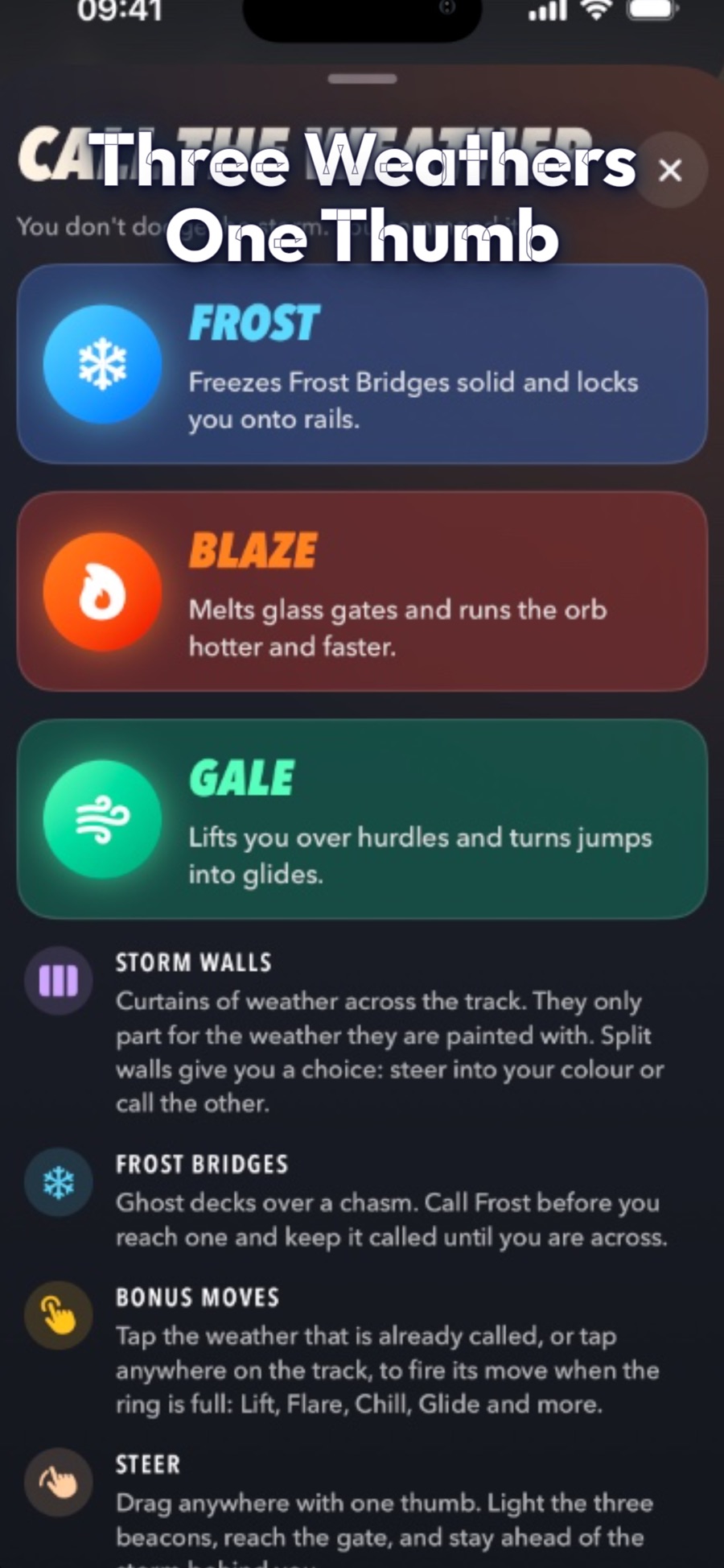 RushOrb: Storm Atlas weather selection screen explaining Frost, Blaze and Gale