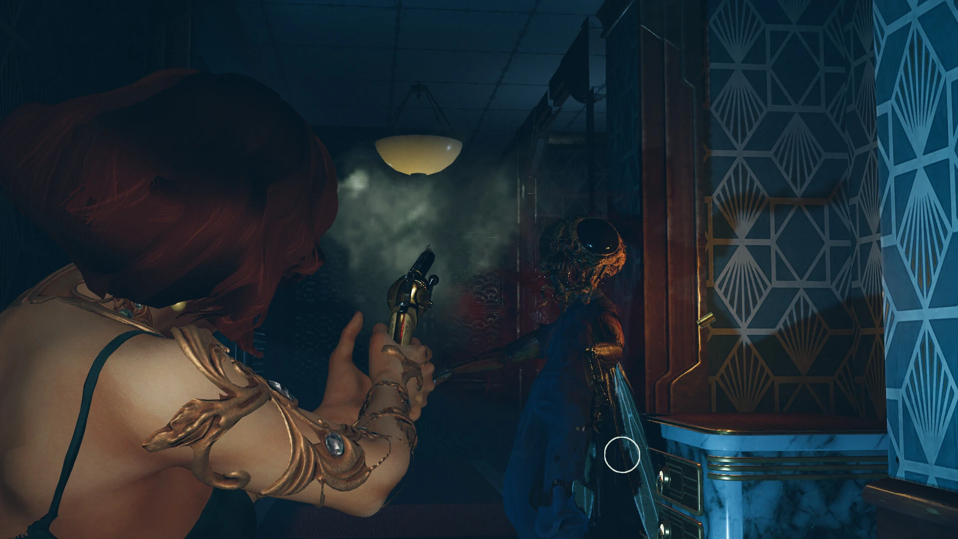 A red-haired woman aims a handgun at a grotesque mutant creature in a dark blue corridor in Satellite Odyssey: Jupiter.