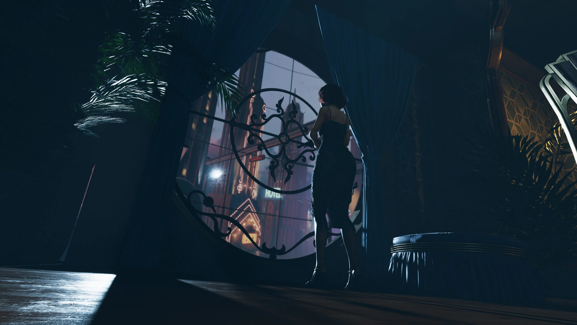 A woman in a dark dress stands beside a large ornate round window overlooking a neon-lit city in Satellite Odyssey: Jupiter.