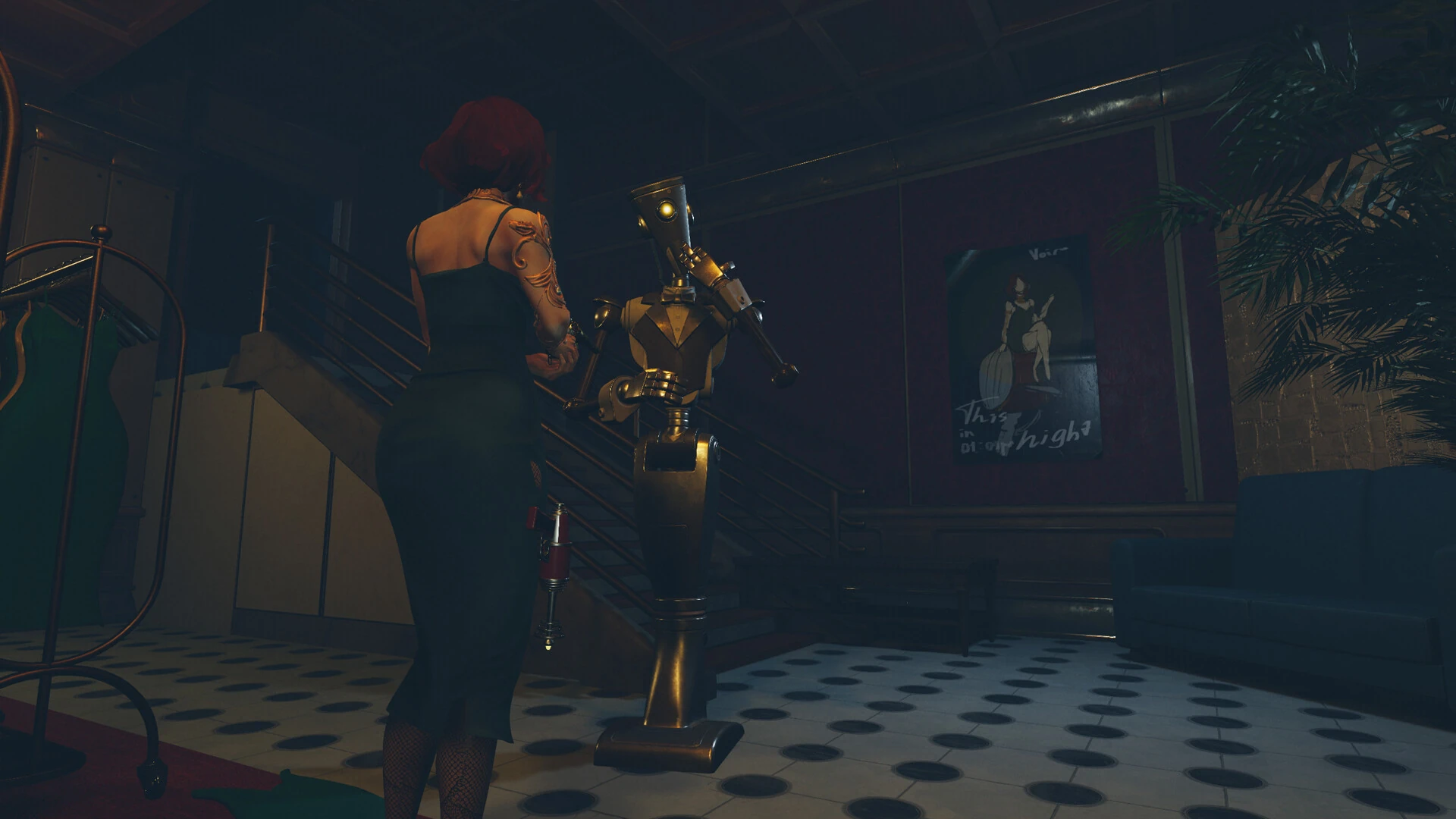 A woman in a black evening dress faces a tall, gold-colored service robot inside a dimly lit Art Deco lobby in Satellite Odyssey: Jupiter.