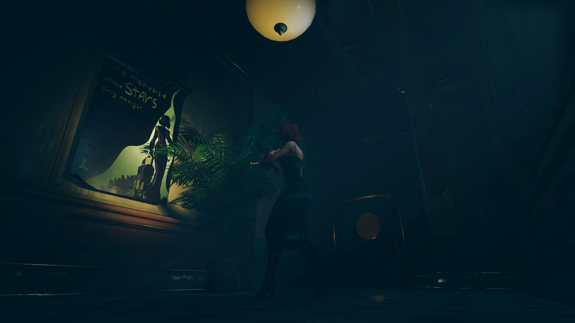 The protagonist stands in a dim blue hallway near a poster, plants, and a small round-windowed door in Satellite Odyssey: Jupiter.