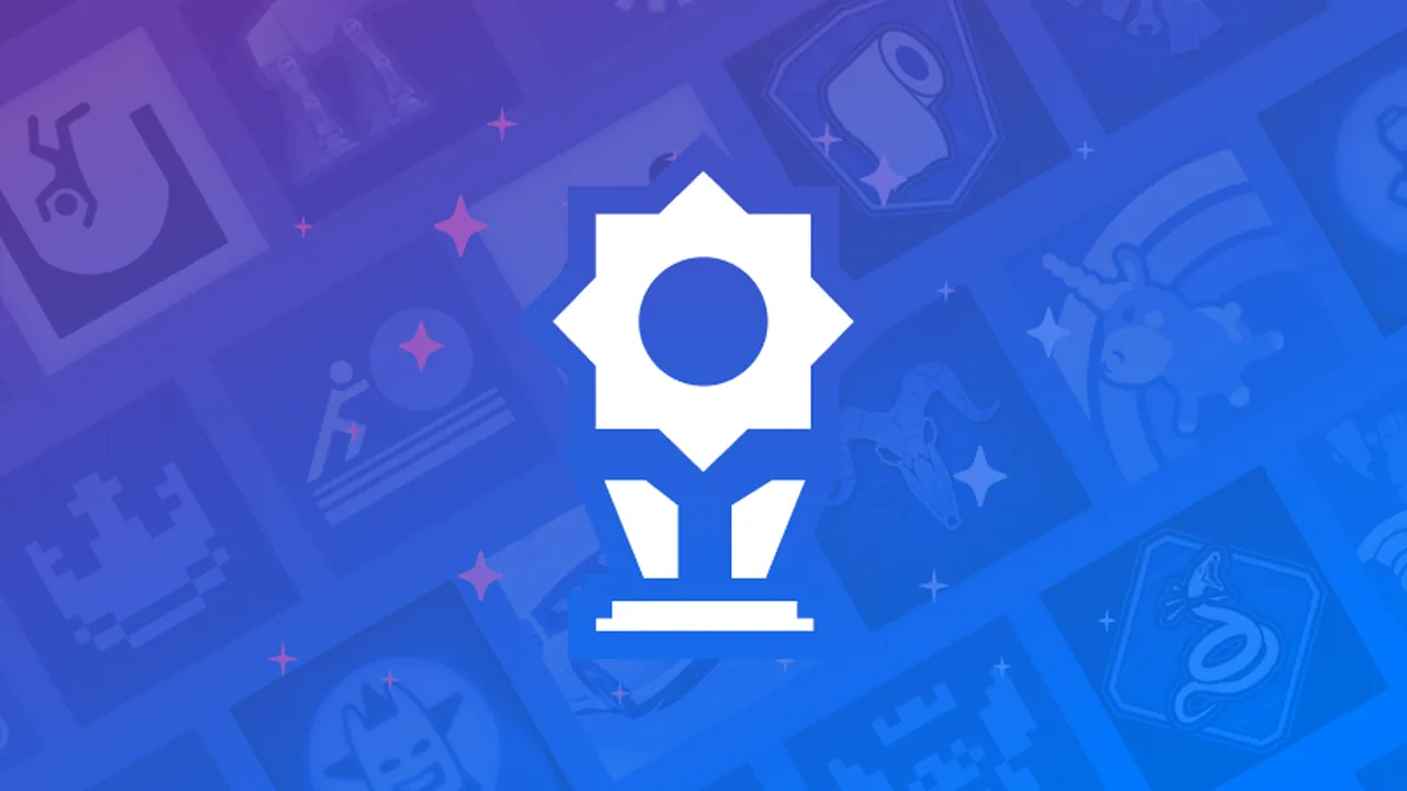 White achievement trophy over a blue and purple background of game achievement icons.