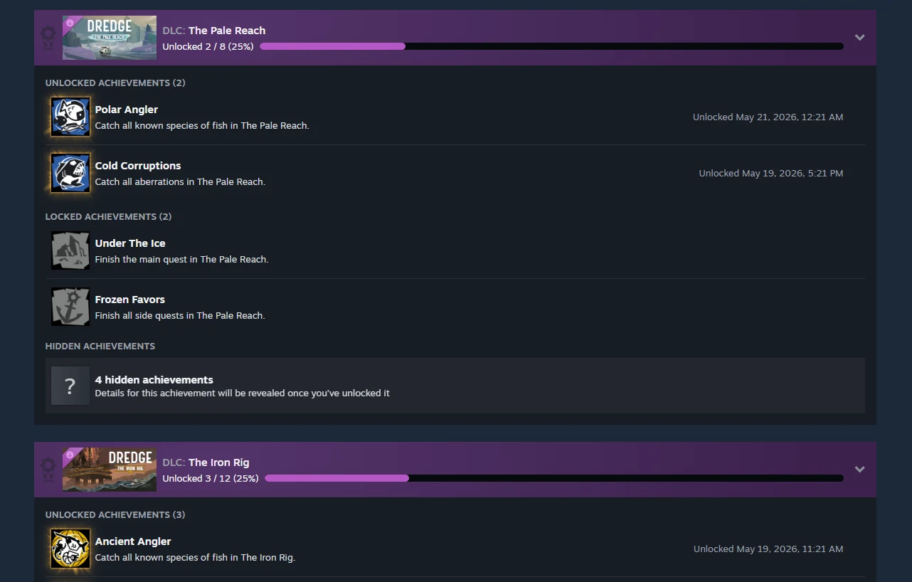 Steam achievement sets for DREDGE’s The Pale Reach and The Iron Rig DLC, with separate purple progress bars.