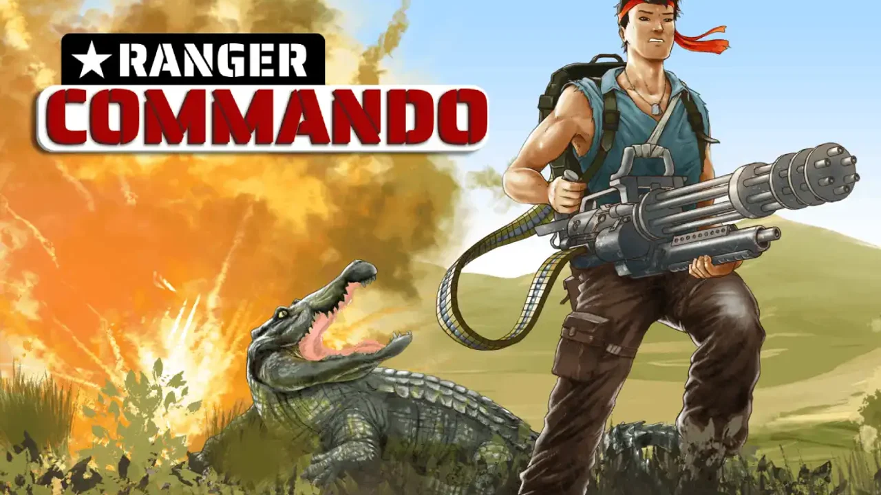RANGER COMMANDO key art with a minigun-wielding soldier, a crocodile, and an explosion.