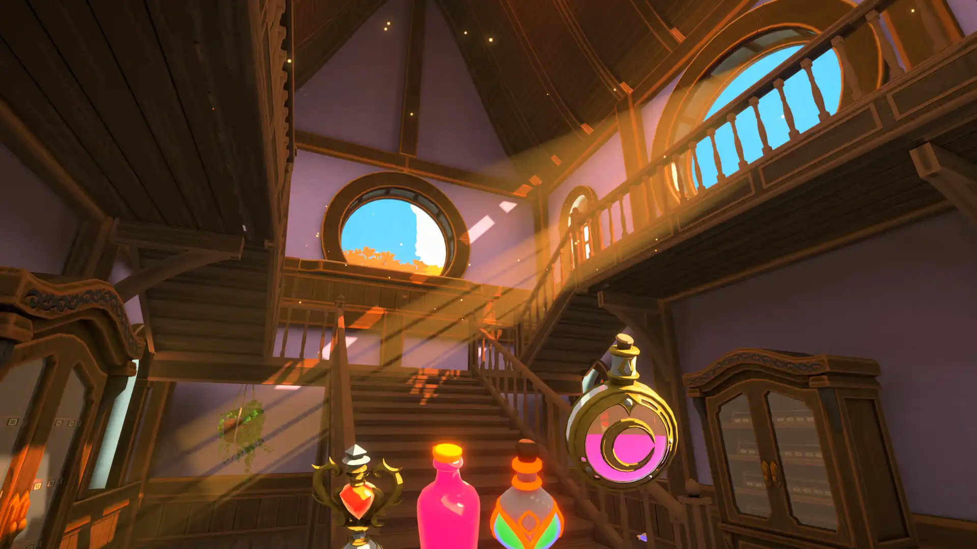 Sunbeams illuminate a wooden staircase and floating potion bottles inside the magical apothecary in Potion Pantry: Sort the Apothecary.