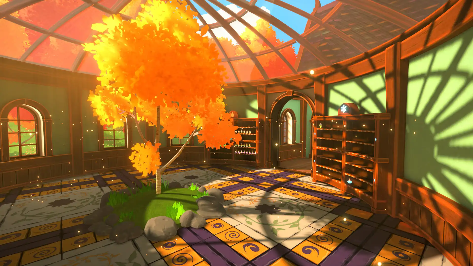 Sunlit apothecary room with an orange-leaved tree, shelves of potions, and decorative tiles in Potion Pantry: Sort the Apothecary.