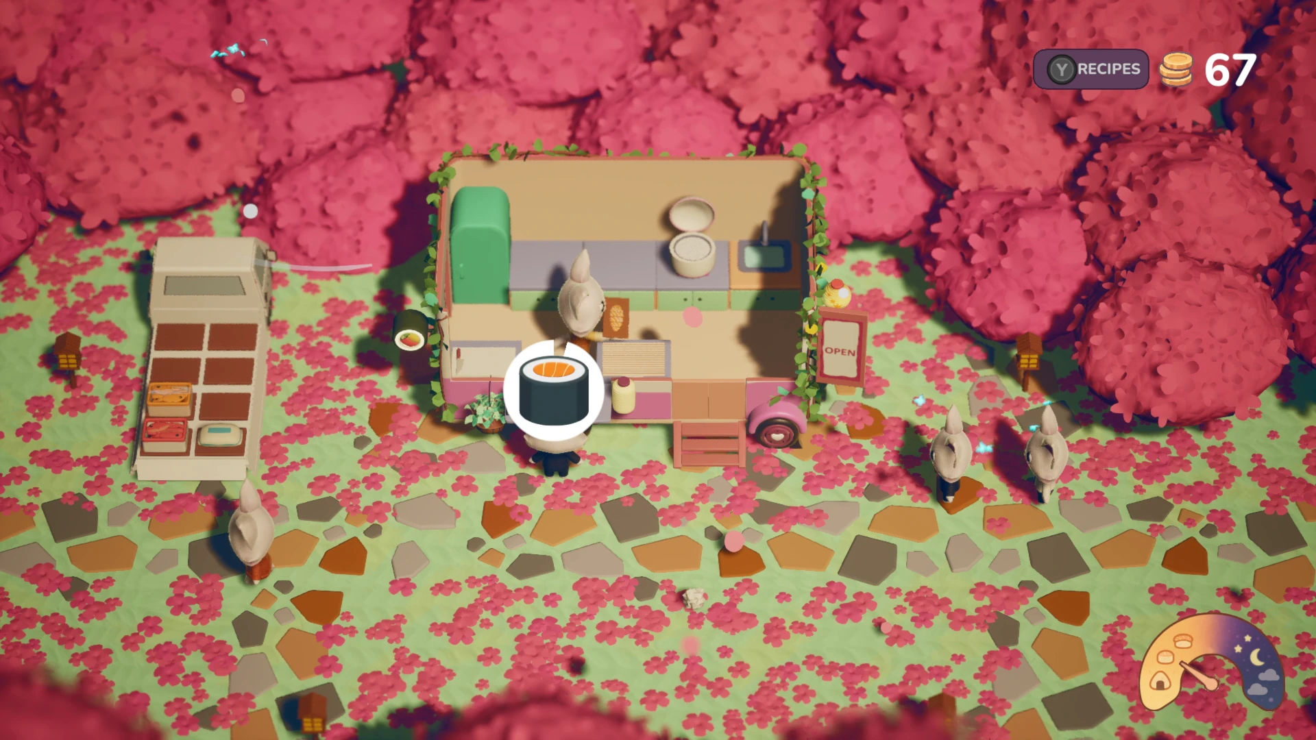 A cat prepares food inside a pink sushi truck while a customer’s sushi order appears beside the counter under pink trees.