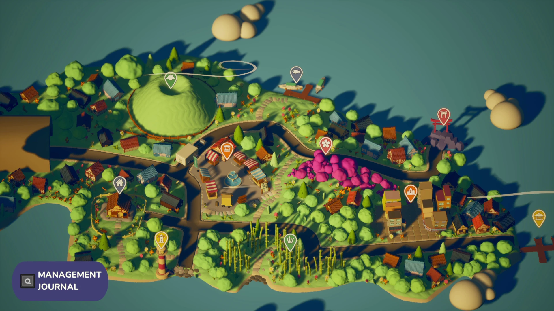 Overhead Sushi On Wheels map showing a green hill, coastal buildings, roads, pink trees, and location markers.