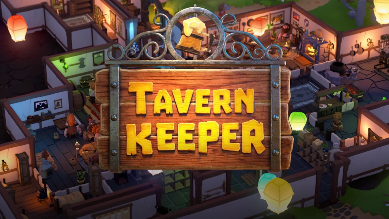 Tavern Keeper’s wooden title sign over a lantern-lit fantasy tavern.