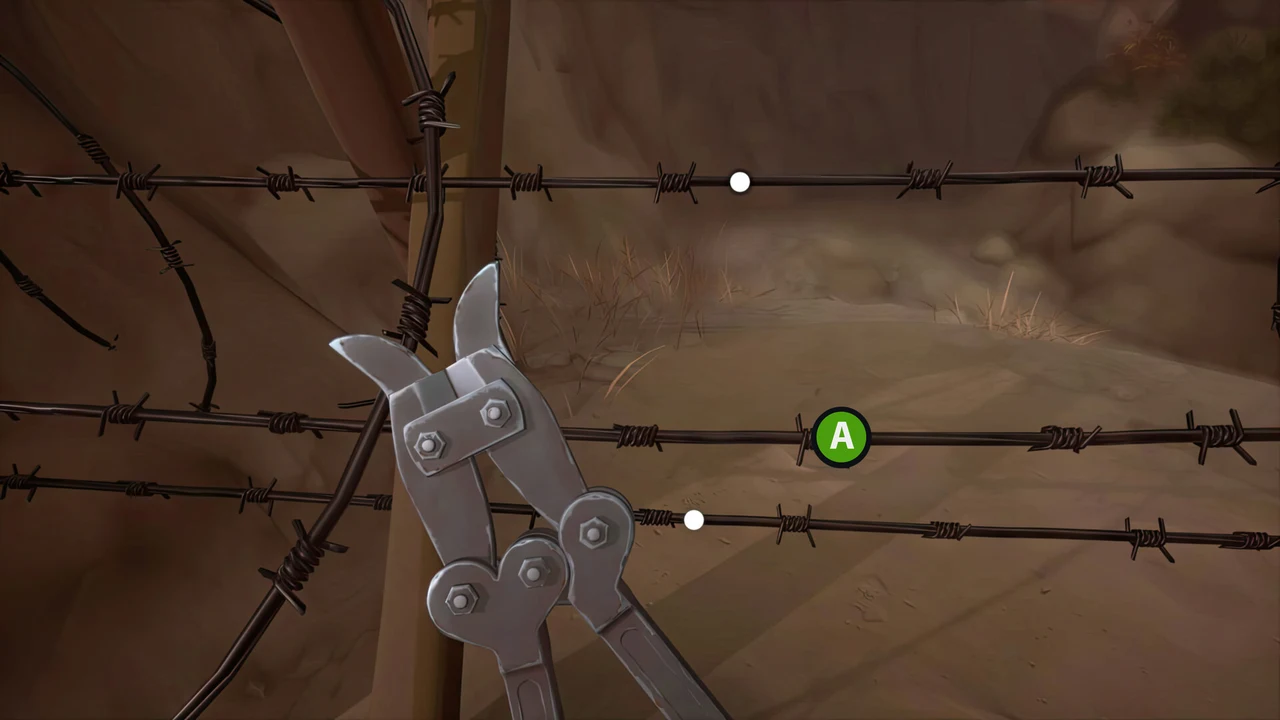 Wire cutters being used on barbed wire in The Caribou Trail.