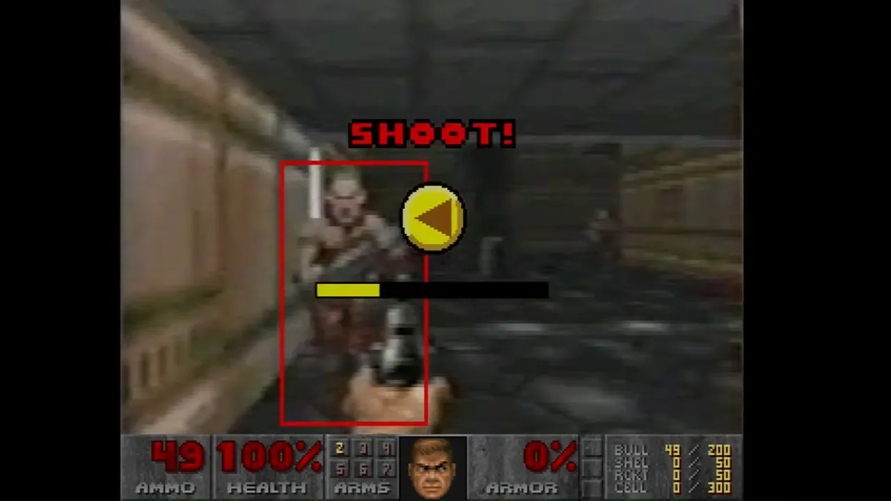 Doom-style VHS game demonstration with a timed shooting prompt, direction icon, and countdown bar.
