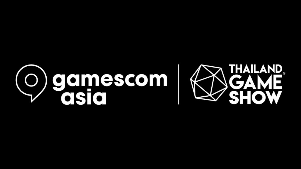 Official white gamescom asia and Thailand Game Show logos on a black background.