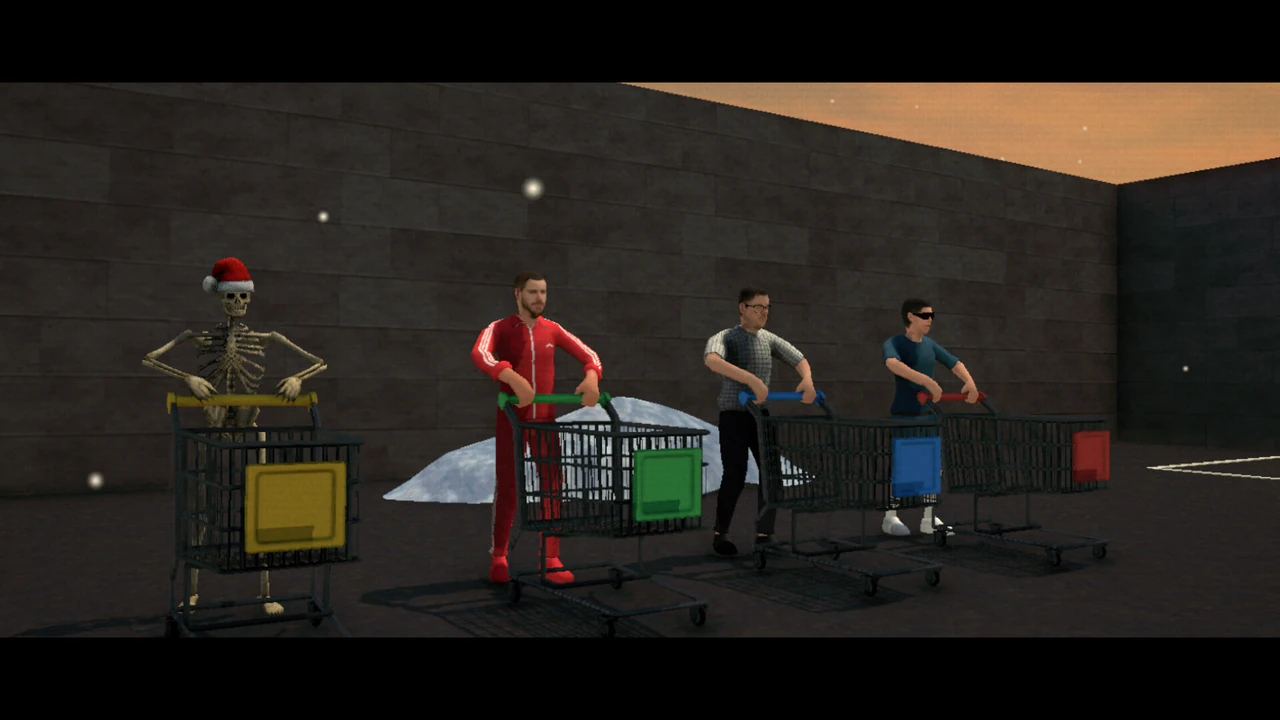 Four Yule Dads characters with shopping carts, including a skeleton in a Santa hat and a man in a red tracksuit.