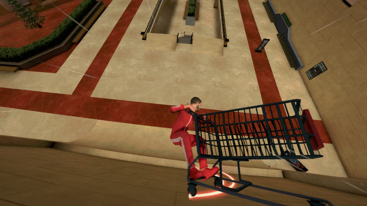 A red-tracksuit character in Yule Dads grinding a shopping cart along a rail above the mall floor.